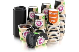 CUPCUP 100 Gobelets Carton pour Café à Emporter - Tasse 240ml avec Couvercles pour Servir le Café, le Thé, des Boissons Chaudes et Froides