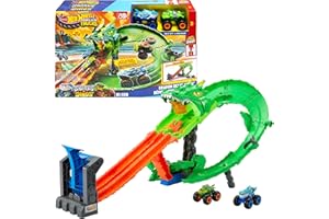 Hot Wheels Toy Monster Trucks, Sharks vs. Dinos Dragon Destruction Playset with 1:64 Scale Great Bite & Rageasaur, Race to Defeat the Cyborg Nemesis, JGB06