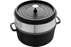STAUB Casseruola/Cocotte in Ghisa, con Inserto per Cottura a Vapore, Tonda 26 cm, 5,2 litri, Interno della Pentola con Smaltatura Nera Opaca, Nero