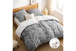 Bedsure Zestaw pościeli ze wzorem w stylu vintage i super miękka oddychająca hipoalergiczna poszewka na kołdrę z mikrofibry z zamkiem błyskawicznym i narożnymi paskami i poszewkami na poduszki, 135 x 200 cm szara i beżowa