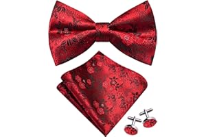 Gusleson Mens Floral Bow Tie Handkerchief Jacquard Woven Adjustable Pre-Tied Bowties Pocket Square Cufflinks Set