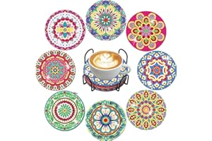 Frundoo 8 Piezas 5D DIY Diamante Artes Pintura Posavasos, Mandala Diamond Painting Posavasos Redondos, Posavasos para Bebidas Taza de Mesa para Adultos Niños Manualidades
