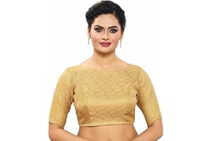 Madhu Fashion Frauen Golden Banaras Synthetische Brokat Readymade Saree Bluse mit Ellenbogenlangen Ärmeln und mit U-Boot-Ausschnitt