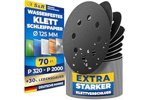 S&R wodoodporny papier ścierny 125 mm, zestaw 70 krążków ściernych, po 10 x P320, P400, P600, P800, P1000, P1500, P2000, do szlifowania, polerowania metalu, drewna, stali, stali nierdzewnej, 8 otworów