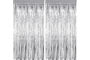 DARBERMU 2Pcs 3.3ft x 8.2ft Tinsel Foil Curtains, Silver Metallic Foil Fringe Curtains, Backdrop Curtain Streamers for Baby Shower Birthday Bridal Shower Wedding Holiday Halloween Christmas