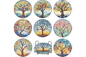 ASKKQTX 8 PCS Tree of Life Diamond Art Coasters Kits with Holder, Tree Diamond Painting Coasters Kits for Adults, DIY 5D Full Drill Rhinestone Art Craft Supplies 4x4 Inch
