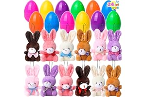 JOYIN 24 Pcs Filled Easter Eggs with Plush Bunny, 3.2” Bright Colorful Easter Eggs Prefilled with Variety 4.5” Plush Bunnies for Kids Easter Egg Hunt, Easter Basket Stuffers and Party Favors