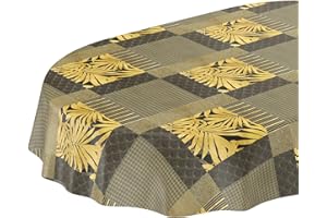 ANRO Mantel de hule lavable, para jardín, redondo, ovalado, rectangular, para interior y exterior, palmera, dorado, beige-gris, ovalado, 200 x 140 cm