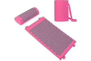Belmalia Acupressure Set with Neck Cushion for Relaxation + Well-Being | Easy Transport Acupuncture Mat and Pillow Set | Massage Mat with Carrying Handles | Pink Gray