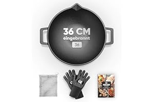 GUSSKÖNIG Gusseisen Wok Pfanne- 36 cm robuste Wokpfanne für Gasgrill, Herd, Ofen und Lagerfeuer- Gusseisen Wokpfanne inklusive Edelstahl Ringreiniger, Grillhandschuhe & Rezeptbuch - 30 Jahre Garantie