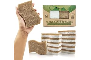 AIRNEX Eco Washing Up Dish Sponges Pack of 12 - Dual Sided S-Shape Natural Wood Cellulose & Coconut Kitchen Sponges Multipack - Heavy Duty, Non Scratch, Non Stick Cookware, Pan, Pot & Dish Scrubbers