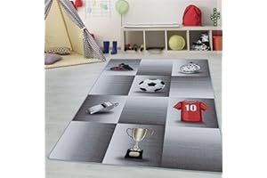 TEPPIUM Tapis pour Enfants avec Design à Carreaux, Aspect trophée de Football, Lavable, Maillot, trophée, pour Chambre d'enfants, Chambre de bébé Taille: 80 x 120 cm, Couleur: Gris-5