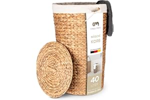 Casa Mina® Wäschekorb mit Deckel D35 x H55cm hoch I Atmungsaktiver Wäschekorb geflochten aus 100% Naturfaser I Robuster Wäschesammler mit Griffen & waschbarem Innensack I Wäschekörbe - Lombok