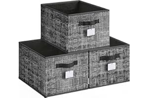 SONGMICS Collapsible Storage Boxes, Set of 3 Fabric Storage Baskets, 40 x 30 x 24 cm, Wardrobe Storage Organisers, 2 Handles, Label Holders, for Bedroom, Living Room, Ink Black ROB440B01