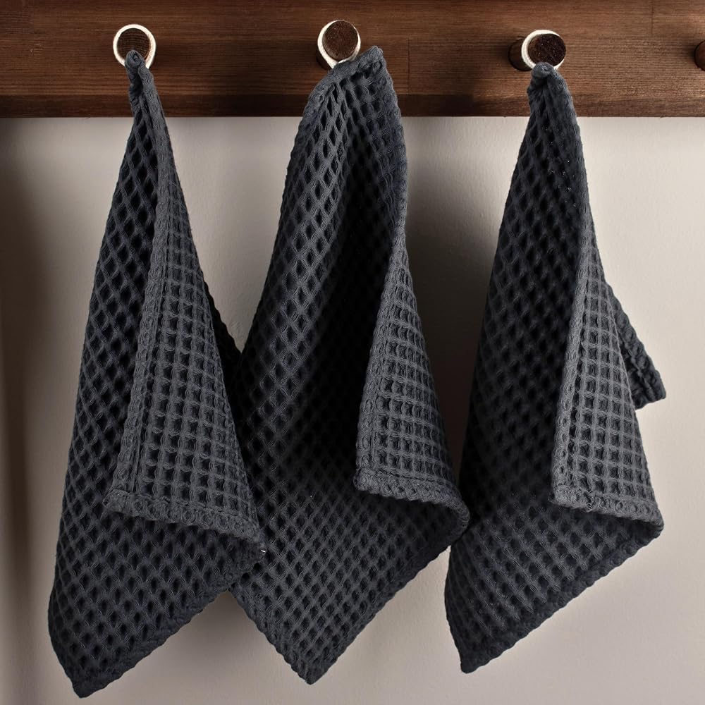 PÜSKÜL Antrasit, Pakette 3-Adet 30x30 cm Mutfak Havlusu, Misafir Havlusu | 100% Pamuk Yumuşak Emici Hızlı Kuruyan Yüksek Kaliteli 3D Waffle Petek Dokuma Çok Amaçlı Kare Ölçü El, Yüz ve Mutfak Havlusu