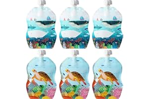 ChooMee - Buste riutilizzabili per bambini per uso alimentare, capienza 236 ml, doppia zip, fondo largo, senza BPA, conf. da 6, motivo: disegni marini