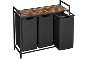 VASAGLE Panier à Linge 3 Compartiments, Corbeille à Linge Sale, 3 Sacs Amovibles en Tissu Oxford, Étagère, Cadre en Métal, 3 x 40 L, 92,5 x 33 x 72 cm, Noir d'Encre et Marron Rustique BLH301B01V1