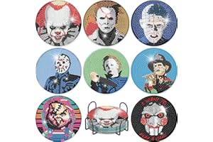 MRNSIET 8 Pcs Halloween Diamond Art Coasters Kits,Horror Movie Diamond Painting Drink Coasters with Holder,DIY Gem Coaster Art Crafts Supplies with Cork Pads for Home Decor (Halloween).