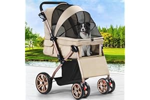 YITAHOME Pet Buggy with Reversible Handle, Foldable Dog Stroller for Small Dogs, Mesh Windows, Cup Holder, 360° Rotating EVA Wheels with Brakes (Khaki)
