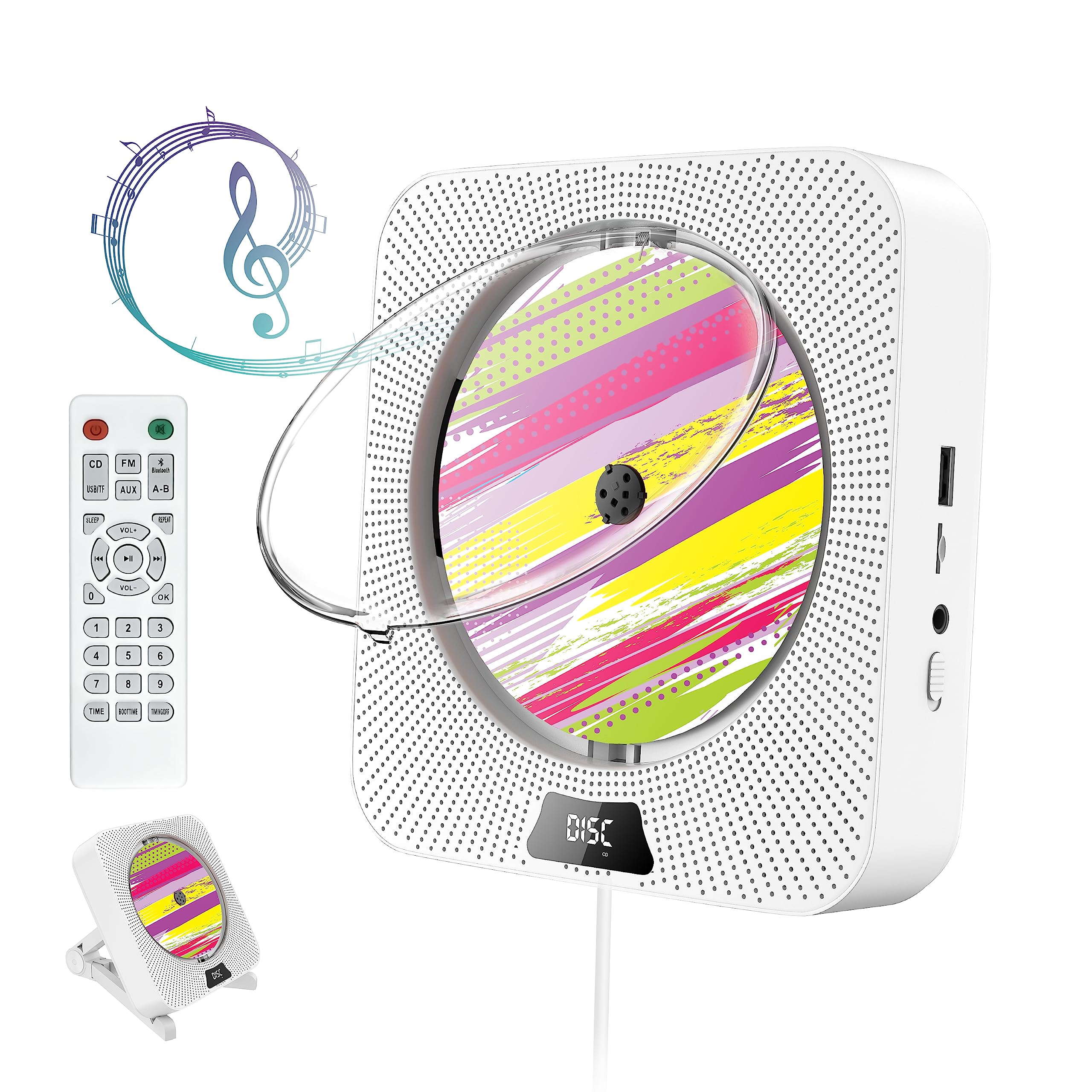 Portable CD Player Boombox with Bluetooth, FM Radio, Built-in HiFi Speakers, Remote Control, USB Port, AUX Input, Headphone Jack, LCD Display, Wall Mountable CD Music Player Compatible with CD-R/CD-RW