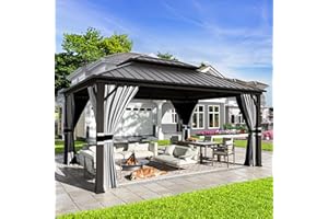 UDPATIO 3.65 x 4.85 m Gartenpavillon Wasserdicht Stabil Winterfest Hardtop Pavillon, Verzinkter Stahl Doppeldach Aluminium Pavillon mit Moskitonetz und Vorhänge für Garten, Terrasse, Rasen, Grau