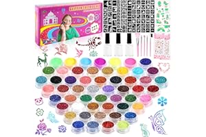 AOUVT Kit de Tatouage à Paillettes Enfant, 54 Couleurs mit 246 Pochoirs 242 Strass - Non Toxique Kit de Maquillage pour Tatouage Flash Temporaire Pour Carnaval, Cadeau Fille, Mascarade
