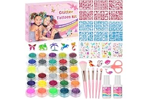 OFCIIN Glitter Tattoo Set Children, Temporary Tattoos for Girls, 30 Colours Glitter, 139 Stencils & 4 Sheets Tattoo Stickers, Make Up Kit, Glitter Tattoos Set for Birthday Girls, Boys, Adults