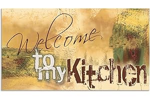 ARTland Spritzschutz Küche aus Alu für Herd Spüle 100x55 cm (BxH) Küchenrückwand mit Motiv Spruch Shabby Landhaus Kunst Willkommen Ocker H6ZJ