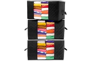 Stackzy Large Clothes Storage Bags – Sturdy Fabric Closet Organiser – Foldable Storage Solution for Closet or Underbed – Storage Bin with Reinforced Handles – 3pcs, Black 90L Capacity