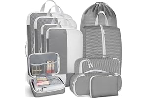 Avmvnvc Organizador Maleta, 10PCS Organizador de Equipaje, Organizador de Maleta de Compresión, Bolsas Organizador Maleta Viaje, Impermeable Packing Cubes, Bolsa de Ropa Zapatos Cosméticos, Gris