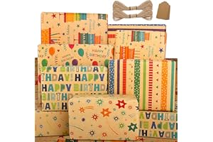 EDUNASS Papier Cadeau Anniversaire pour Enfant Femme Fille Garçons Homme-Papier Emballage Cadeau Anniversaire Set-Papier Anniversaire D'emballage-Papier Cadeaux Kraft Couleur Recycléavec étiquettes et Ficelle