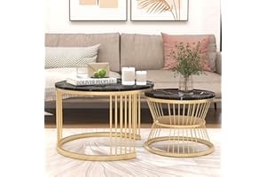 ModernLuxe Round Coffee Tables, Removable Set of 2 End Table with Gold Metal Frame Legs and Marble Pattern Top for Versatile Use in Living Room, Bedroom, Office, Balcony, Apartment-Black
