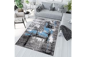 ‎TAPISO TAPISO Maya Teppich Kurzflor Modern Grau Creme Schwarz Blau Meliert Streifen Splash Design Wohnzimmer Schlafzimmer ÖKOTEX 200 x 300 cm