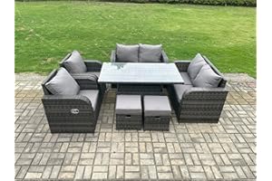 FMSGarden Wicker PE Rattan Furniture Garden Dining Set Outdoor Height Adjustable Rising lifting Table Love Sofa Chairs With Footstools