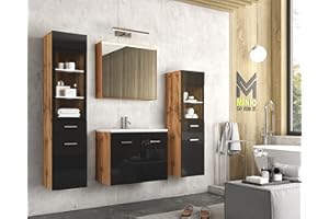 MINIO GO FOR IT MINIO 4-TLG. Badezimmermöbel Set Marit I Mittlere und Große Hängeschrank mit LED-Belechtung I Wandspiegelschrank I Schrank mit Waschbecken I Wotan Eiche und Schwarz Hochglanz