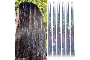 CWAWF Hair Tinsel Kit with 47INCH 1200 Strands Heat Resistant Glitter Tinsel Hair Extension, Sparkling Shinny Fairy Hair Accessories for Women Girls Kids Festival Party Dazzle (Seven Colors)