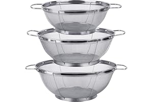 TIAWUDI 3 Pack 18/8 Stainless Steel Colander Sieves(5-Quart, 4-Quart and 3-Quart), Mesh Strainer Net Baskets with Handles & Resting Base for Strain, Drain, Rinse or Steam