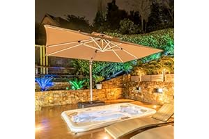 PURPLE LEAF Parasol Déporté 3 x 3 m Carré avec LED et Pied, Parasol de Jardin Extérieur à Toit Double Rotatif 360°,Protection UV, Pour Terrasses, Piscines, Restaurants Extérieurs, Patio, Beige