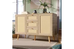 Sweiko Kommode mit 2 Türen und 3 Schubladen, Rattan Türkommoden mit Schubkasten, Sideboard mit Verstellbare Ablage, Schubladenkommode Holz Mehrzweckschrank für Flur Schlafzimmer Wohnzimmer Badezimmer