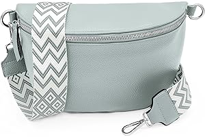 GLAMONDO Vegan-Leder Crossbody Bag mit gemustertem Gurt für Damen, Frauen Bauchtasche, Umhängetasche, Hip Bag, Gürteltasche, Crossbag (Hellgrau)