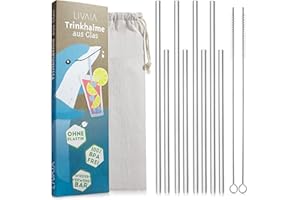 Glas Strohhalm Set: 8 Glas Trinkhalme Wiederverwendbar – Reinigungsbürsten und Baumwollbeutel – Spülmaschinenfest und Umweltfreundlich – Strohhalm Wiederverwendbar – Glasstrohhalme lang – LIVAIA