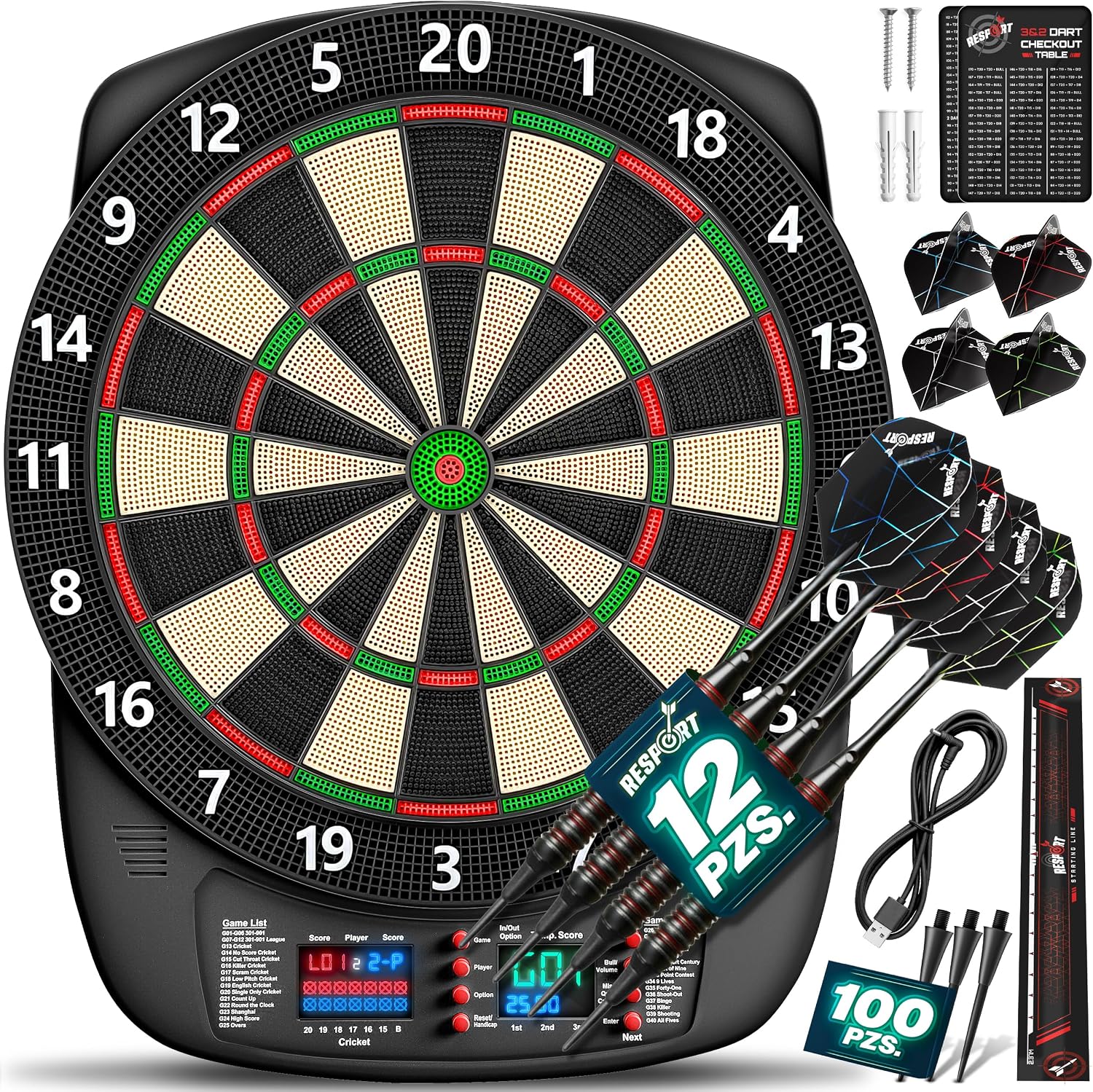 RE:SPORT® Diana electrónica profesional con 12 dardos + 24 plumas Pro + 100 puntas de dardo y accesorios | Máquina de dardos electrónica para 1-8 jugadores con 427 variantes | Diana eléctrica con