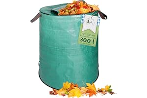 TTL COMMERCE TTL Garden - Sacco da giardino Premium, 1 x 300 l, doppio fondo per foglie, sacco da giardino con chiusura lampo e coperchio, extra robusto e pieghevole, contenitore autoportante per erba