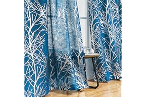 Fmfunctex Navy Silver Semi Sheer Curtains for Bedroom 54 Drop Voile Curtain for Living Room Branch Foil Eyelet Curtains Linen Textured Light Filtering Window Curtain Drapes for Dining Room 2 Panels