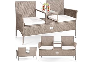 KESSER® Panca da giardino in polyrattan con tavolo integrato + cuscini, 2 posti, 133 × 55 × 84 cm, Panca in rattan, Giardino, Balcone, Divano da giardino - Resistente alle intemperie, Grigio