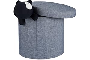 Relaxdays Pouf Poggiapiedi con Contenitore, Rotondo, Pieghevole, Imbottito, con Coperchio, Lino, Grigio Scuro, 45 cm