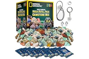 National Geographic Méga kit de Recharge du culbuteur de Roches – 1,36 kg de 9 variétés de Pierres précieuses, Dont l'œil-de-Tigre, l'améthyste et Le Quartz, 4 Types de Grains, fermoirs à Bijoux
