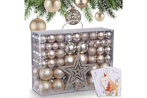 ONBEST Weihnachtskugeln 128-teiliges Set – 1x Baumspitze Glitzer Stern & 127x Kugel – mit Verpackung – Weihnachtsschmuck Deko für Drinnen & Draußen aus Kunststoff – Plus 5X Karte (Champagner)