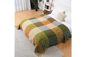 HOORDRY Chenille gewebte Tagesdecke 220x260CM,Sofadecke überwurf Decke für Couch Bett Sofa Stuhl,Doppelseitig Boho Decke mit Fransen, kuschelig weiche Couchdecke Wendedecke,Grün/gelb