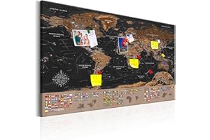 murando - Pannello di Fibra con Puntine - Mappa Mondo 120x80 cm 1 Pezzo - Bacheca & Quadro su tela in un uno - Decorativo per Parete - Lavagna Grande per le Note Ufficio - Geografica k-A-0205-v-a